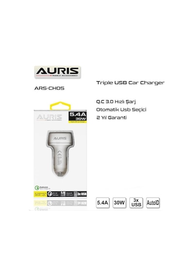 Auris 5.4A 3 Usb Girişli Oto Çakmaklık Araç Hızlı Şarj Cihazı Beyaz