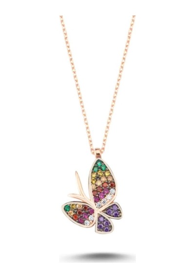 Mini Kelebek Renkli Zirkon Taşlı Rose Gold Kaplama Gümüş Kolye Gümüş