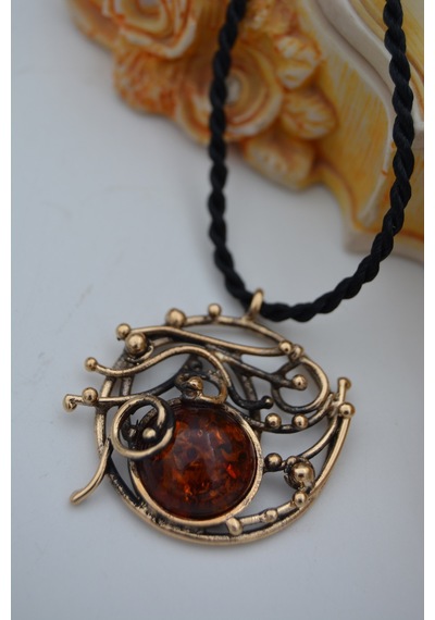 Stoneage Sikma Kehribar Özel Tasarim Kolye Bronz