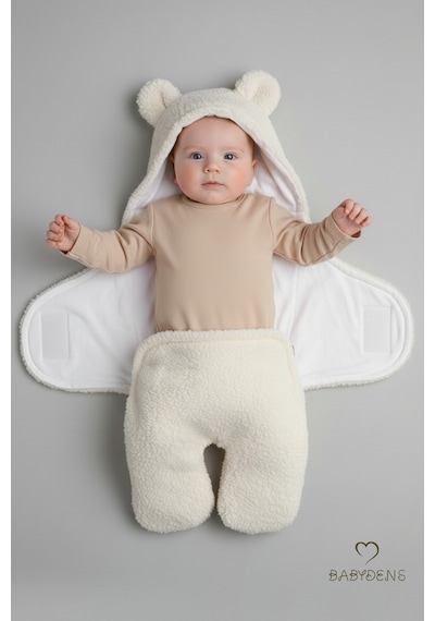 Babyden's 0-12 Ay Welsoft Peluş Bebek Dış Kundak Uyku Tulumu Ayıcık Kulaklı İçi %100 Pamuk Astarlı Battaniye Ekru