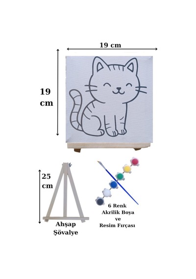 Çocuklar İçin Tuval Boyama Seti Kedi Mod2 19x19 Cm Tuval, Şövale, Fırça Ve 6 Renk Akrilik Boya Seti