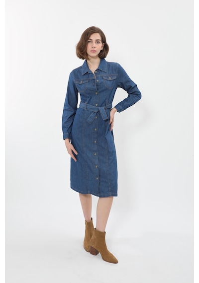 Banny Jeans Kadın Önden Düğmeli Kemerli Jean Elbise Koyu Mavi