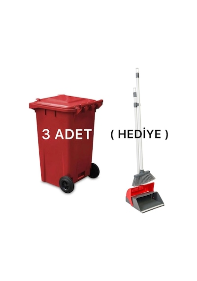 3 Adet Plastik Çöp Konteyneri 240 Lt Isıya Karşı Dayanıklı Kapaklı Faraş Hediyeli Kırmızı