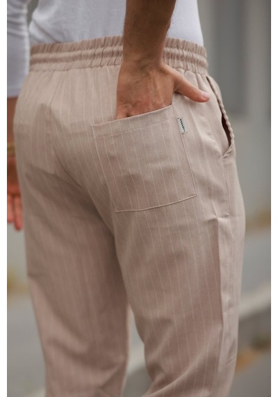 Veraura Lifestyle Erkek Beli Bağcıklı Çizgili Pantolon Bej