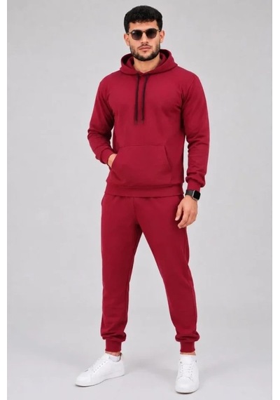 Defymoda Erkek İki İplik Kapüşonlu Kanguru Cepli Sweatshirt Jogger Pantolon Alt Üst Eşofman Takımı -bordo