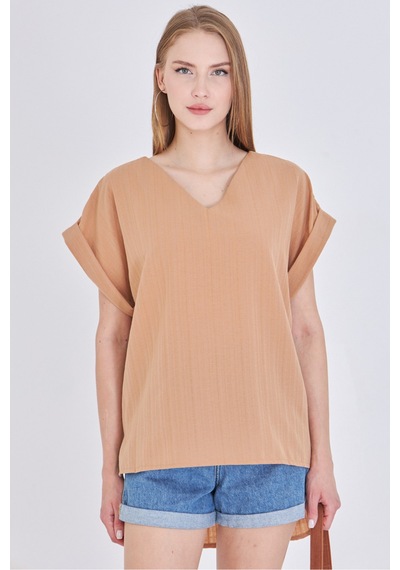 Armonika Kadın Vizon V Yaka Yanları Yırtmaçlı Arkası Uzun Duble Kol Detaylı Oversize Bluz Arm-24y001074