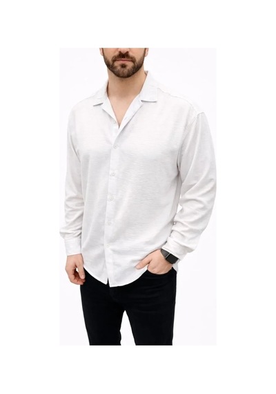 Defymoda Erkek Aerobin Kumaş Oversize 4 Mevsim Uzun Kollu Rahat Kalıp Gömlek - Beyaz