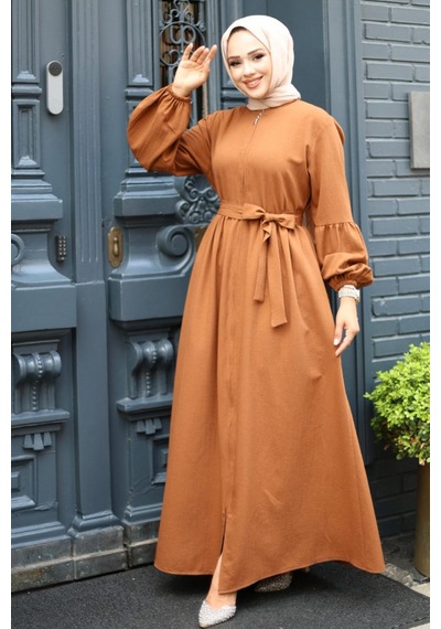 Misskayle Balon Kol Detaylı Fermuarlı Ferace Kahverengi 4420 Kahverengi