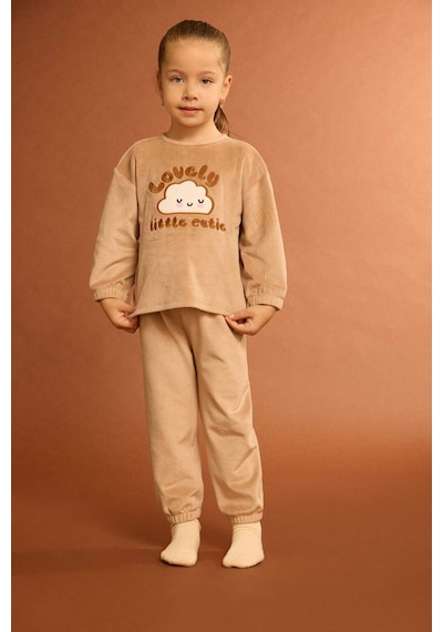 Defacto Kız Bebek Pijama Takımı Bulut Baskılı Uzun Kollu Welsoft Pelüş Üst Uzun Alt G1527a525wnbg400 Bej-bg400