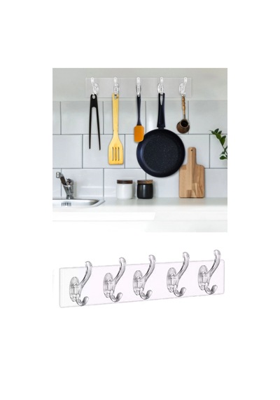 Biishe 5'li Güçlü Yapışkanlı Şeffaf Duvar Askısı Banyo Mutfak Düzenleyici Pratik Askılık Çok Renkli