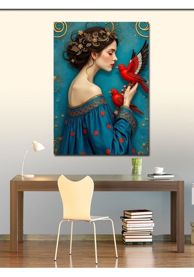 Kanvas Tablo Kırmızı Kuş Ve Kadın 70cmx100cm