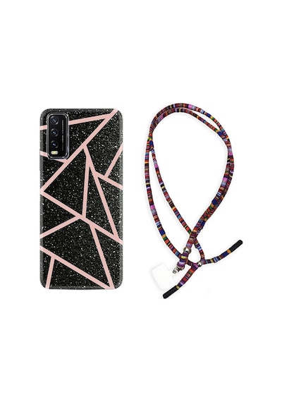Vivo Y11S Kılıf Rasta Boyun Askılı Pembe Şeritli Mermer 1312