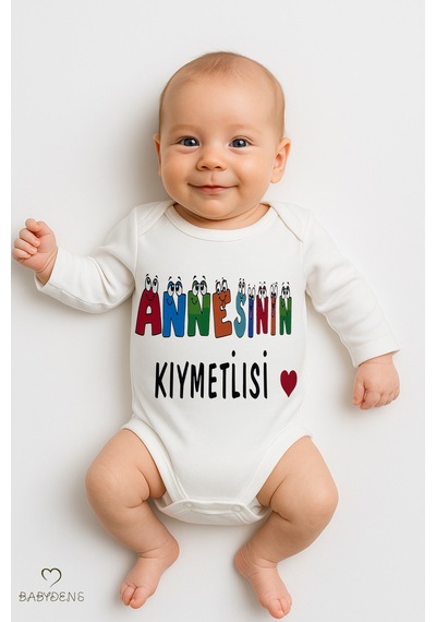 Babyden's Annesinin Kıymetlisi Yazılı Uzun Kollu Çıtçıtlı Bebek Body Zıbın %100 Pamuk, Unisex Beyaz