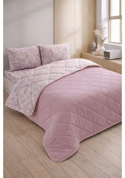 Tr Kapitoneli Tek Kişilik Desenli Pike - Yatak Örtüsü Takımı 160x230 Cm - 1 Adet Yastık Kılıflı Lila Mor Diğer