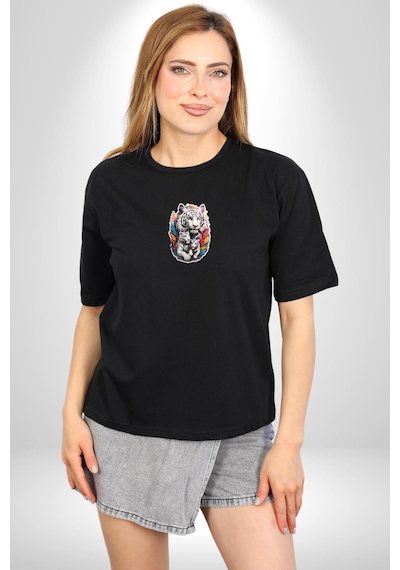 Beyaz Kaplan Ailesi Renkli Tüyler Siyah Oversize Unisex Ön Orta Minimal Baskılı Tişört Siyah