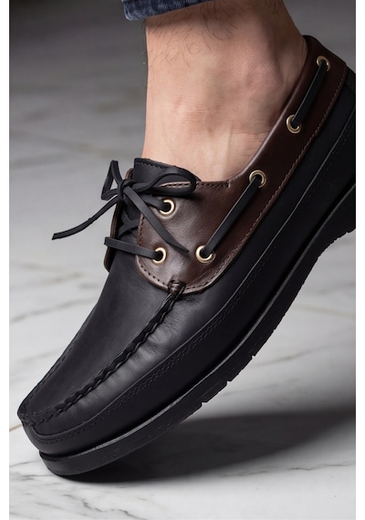 Royal Marine Siyah Kahve Premium Deri Erkek Loafer - El İşçiliği Özel Tasarım Klasik Gemi Ayakka... Siyah - Kahverengi