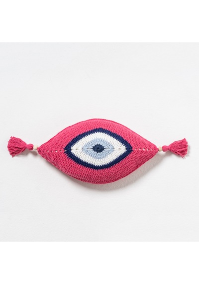Pembe Detaylı Nazar Boncuklu Dekoratif Kırlent Kılıfı / Göz Figürlü Yastık - 25x40 Cm