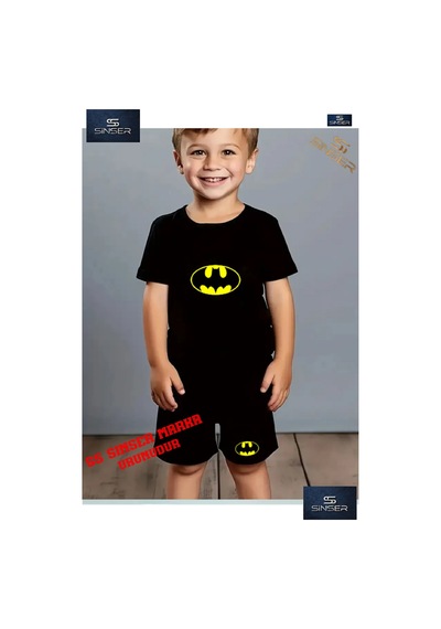 Ss Sinser Çocuk Batman Logo Özel Baskılı Bisiklet Yaka Tişört - Şort Takım Siyah
