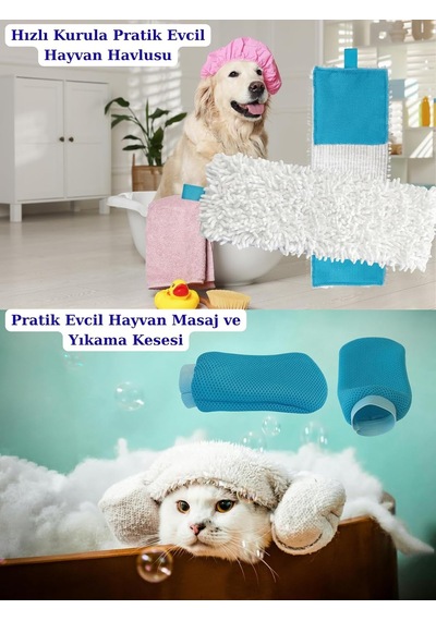 Tr Pratik Evcil Hayvan Banyo Seti, Ped Evcil Hayvan, Köpek, Kedi, Mikrofiber Kurulama Havlusu Ve Yıkama Kesesi, 55x20 Diğer