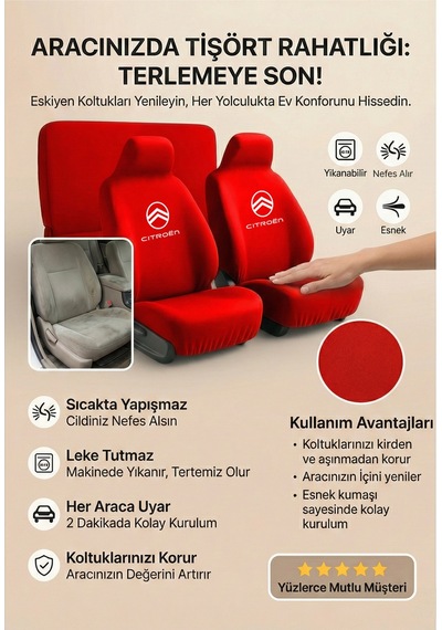 Citroen C1 İle Uyumlu Koltuk Kılıfı Pratik Kullanım Servis Tipi Kırmızı