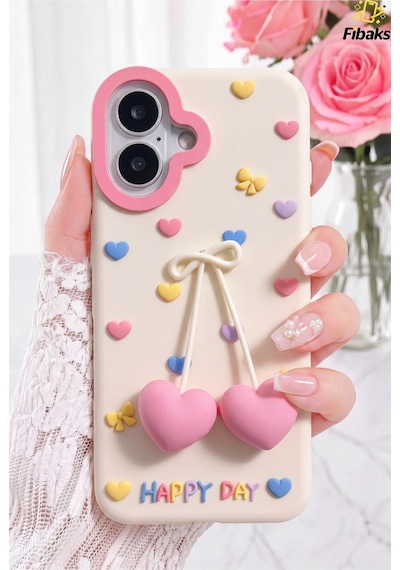 Fibaks iPhone 16 Uyumlu Kılıf 3d Kalp Figürlü Silikon Kapak