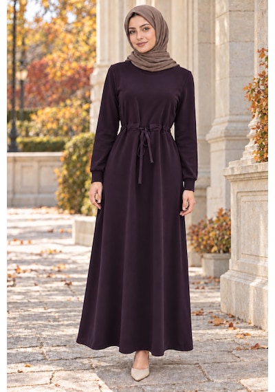 Sevitli Beli Tünelli İki İplik Elbise-mürdüm-6005