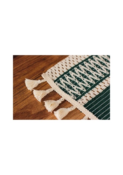 Tropik Home Pamuk Dantel Püsküllü Yeşil Runner, Sunum Örtüsü Dantel Bej 35x145 Cm Runner Masa Örtüsü Genel