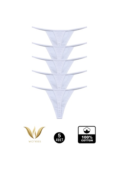Wcreas Kadın İpli Tanga, Pamuklu Yumuşak Kumaş G-string Tanga 5'li Paket Beyaz Beyaz