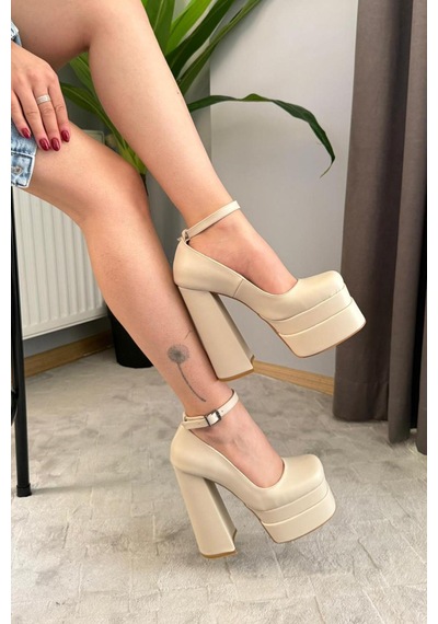 Preshley Kadın Sophia Bej Deri 15 Cm Platform Topuklu Ayakkabı Bej