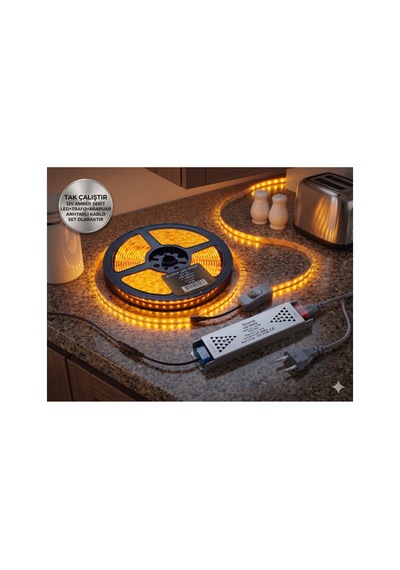 Mutfak Dolabı Tezgah Üstü Için 5 Metre Amber Şerit Led Işık Adaptörlü Anahtarlı Tak Çalıştır Amber