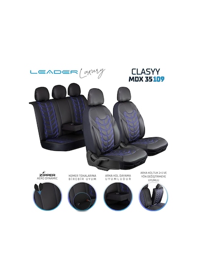 Seat Leon Reference Uyumlu Lüx Deri Oto Koltuk Kılıfı Ön Arka Takım Classy Serisi Mavi Siyah
