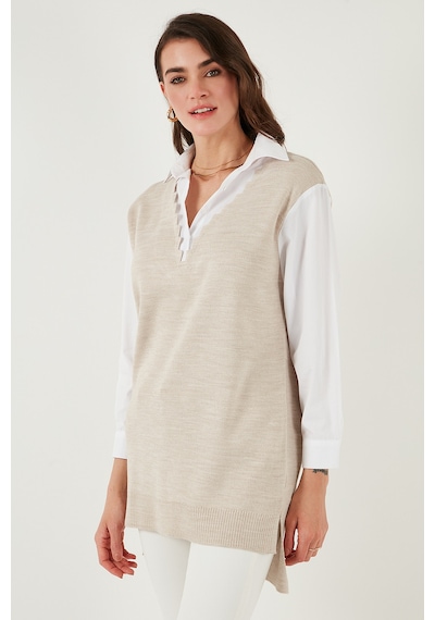 Lela Modest Standart Fit Gömlek Yaka Tesettür Triko Bayan Tunik 4612148 Bej