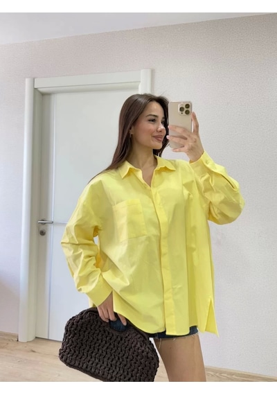 Cvs Giyim Poplin Kadın Yakalı Yandan Yırtmaçlı Arka Pens Detaylı Gömlek - Sarı Sarı