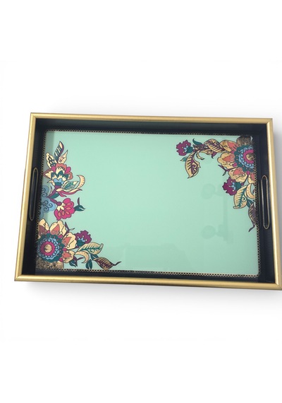 Sudedi Home Altın Çerçeveli Yeşil Floral Desenli Melamin Sunum Tepsisi 31x46 Cm Yeşil