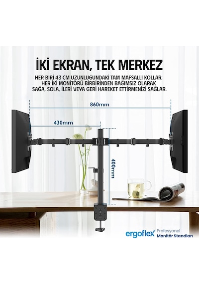 Ergoflex EF52 Steel Design 2-8 kg Çift Kol 13"-27" Asansörlü Monitör Standı