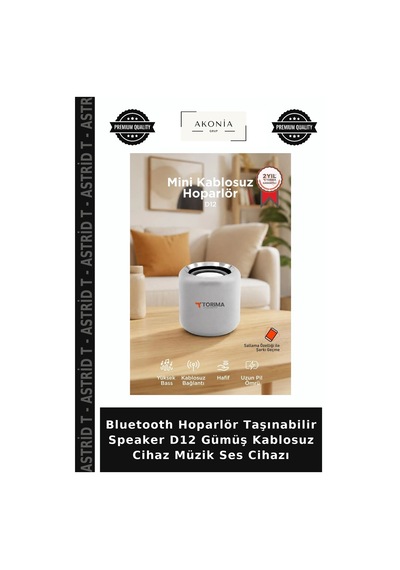 Bluetooth Hoparlör Taşınabilir Speaker D12 Gümüş Kablosuz Cihaz Müzik Ses Cihazı