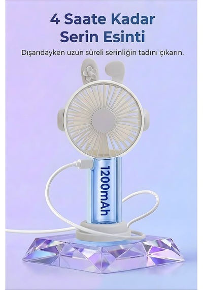 Şarjlı Taşınabilir Sevimli Kulak Tasarımlı Mini Fan 3 Kademeli Hız Telefon Standlı Vantilatör Gri
