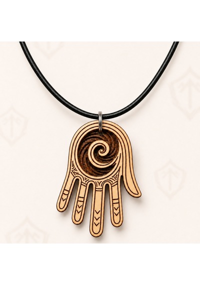Spiral Hamsa Eli Ahşap Kolye 44x30 Mm - Siyah İpli Bohem Unisex 01 - Ekru