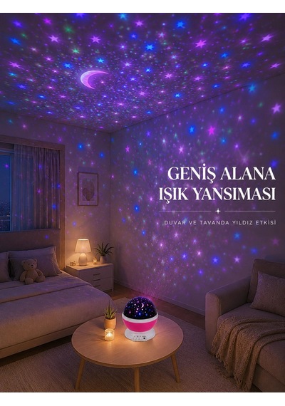 Yıldızlı Gökyüzü Projektörü Pembe Renkli Döner Çocuk Odası Gece Lambası Çok Renkli 86043550