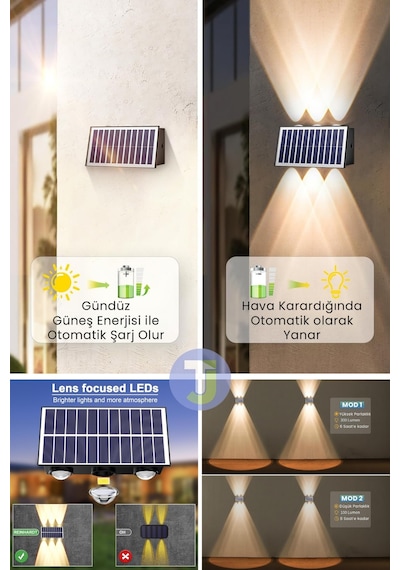 Technojet Solar Güneş Enerjili 6 Ledli Bahçe Aydınlatması Aplik Sarı Işık Led Lamba 2 Adet Siyah
