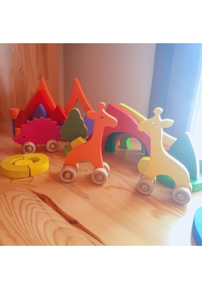 Woodnjoy Wood & Joy Doğal Ahşap Hareketli Tekerlekli Turuncu Zürafa