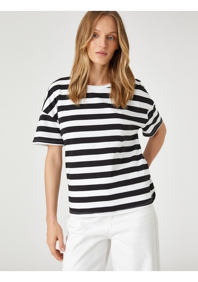 Koton Relax Fit Tişört Kısa Reglan Kollu Pamuklu Siyah Çizgili 1yap13207ek Siyah