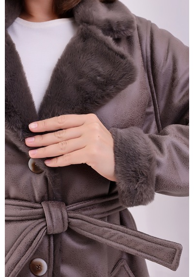 Winmoda34 Kadın İçi Kürklü Deri Kaban Ceket Külgri