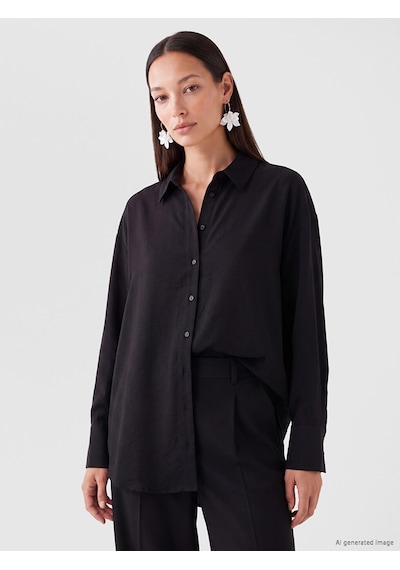 Lcw Everyday Siyah Dokulu Oversize Kadın Gömlek