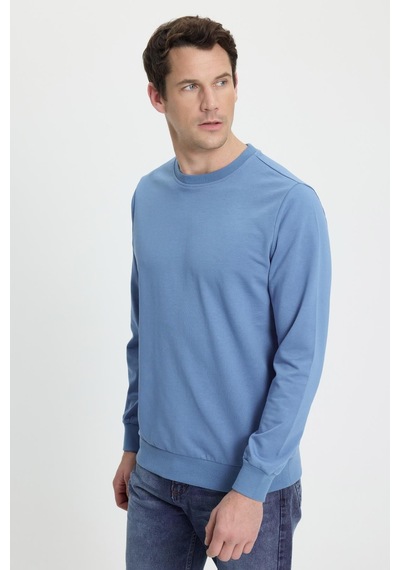 Tudors Erkek Relax Fit Rahat Kesim %100 Pamuk 2 İplik Bisiklet Yaka Mavi Sweatshirt-41518