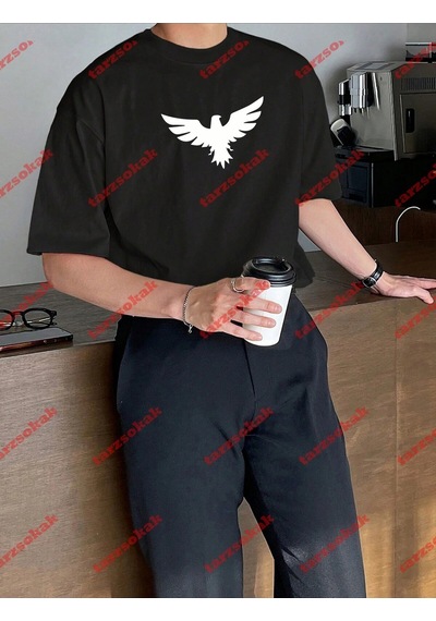 Startmore Unisex Kartal Baskılı Tshirt Siyah Siyah