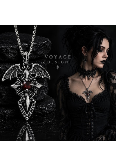Paslanmaz Çelik Kırmızı Zirkon Taşlı Melek Kanat Stil Gotik Kadın Kolye