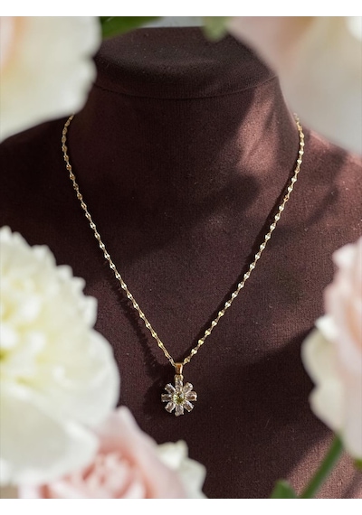 Zirkon Ve Peridot Taşlı Papatya Figürlü İtalyan Aynalı Zincirli Altın Kaplama Kolye Beyaz