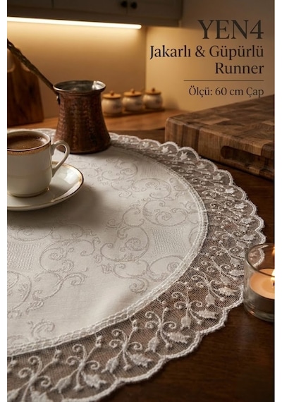 Lüks Dekoratif Yuvarlak Runner Güpür Kenarlı Jakarlı Desenli Orta Sehpa Örtüsü 60 Cm Çap Beyaz Kırık