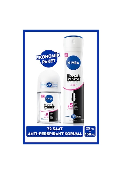 NIVEA Kadın Sprey Deodorant Black&White Clear 150 ML ve Mini Roll-on Black&White Clear